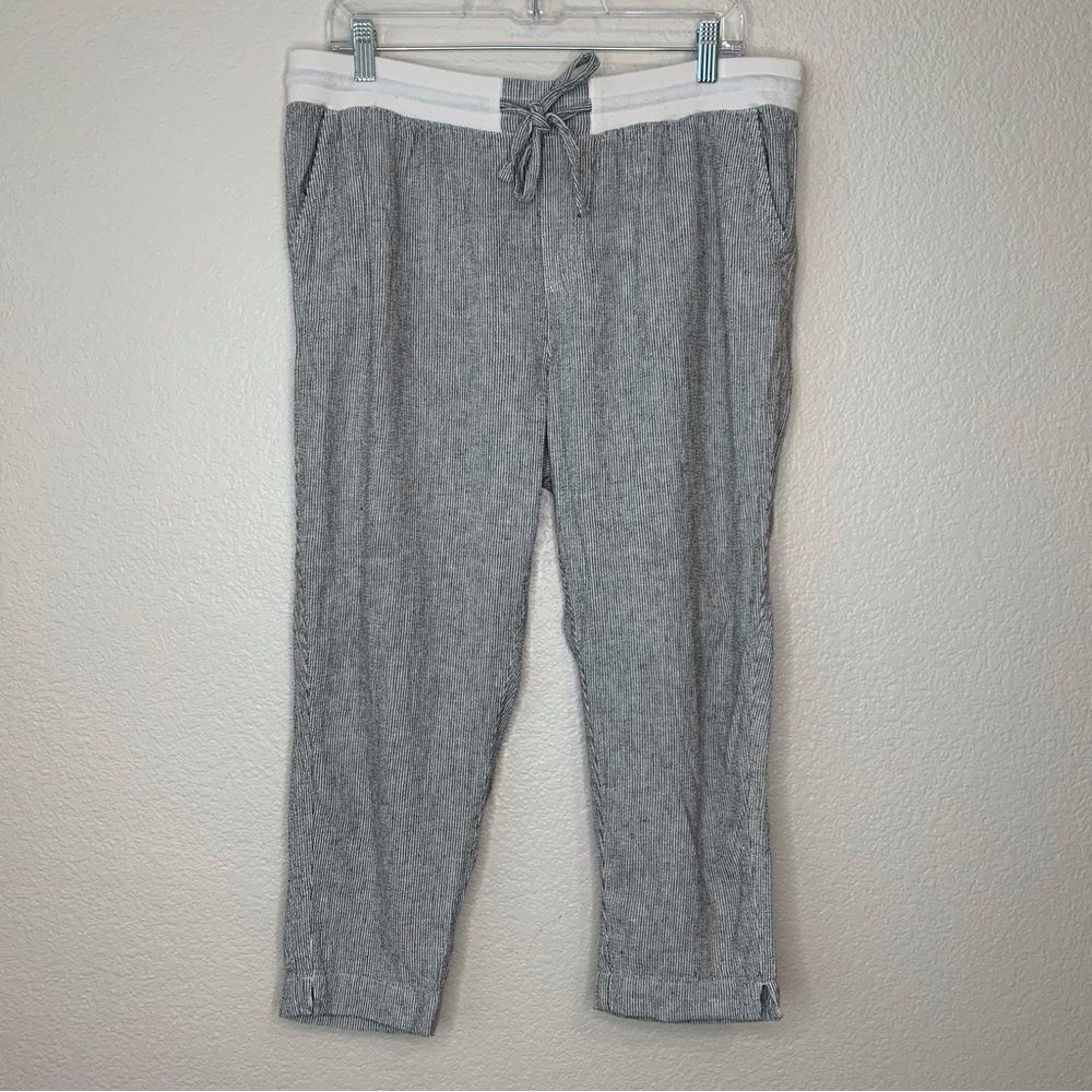 Susina Linen Blend Black White Striped Drawstring Waist Pants, Sz Large